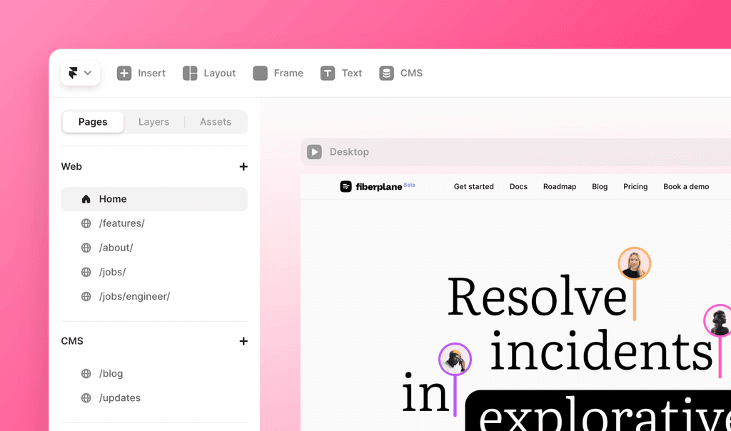 Framer UI showing Pages feature