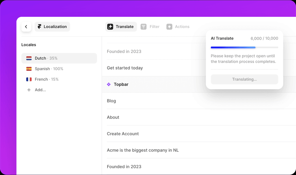 Framer UI interface, featuring an AI Translation tool in action. The interface displays the process of translating website content into multiple languages for localization